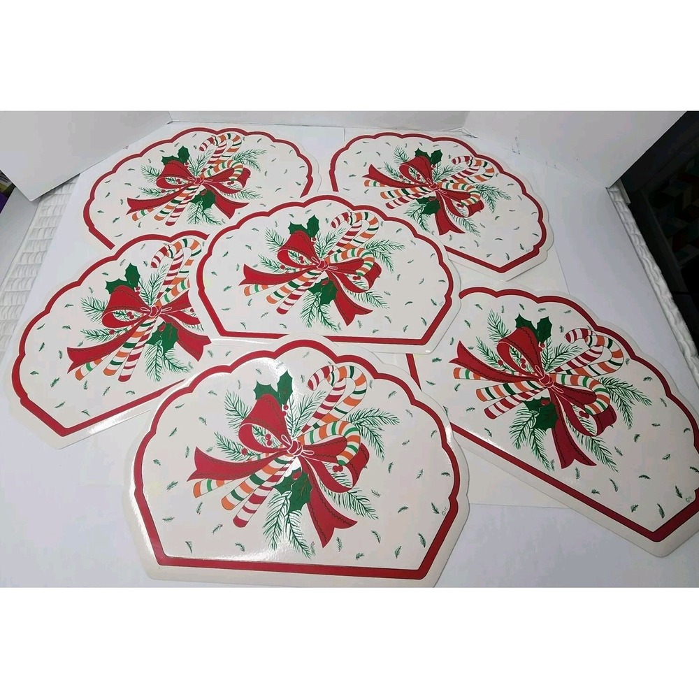 Town & Country Vinyl 1980s Christmas Table Placemats 6- 18" Candy Cane White Bow